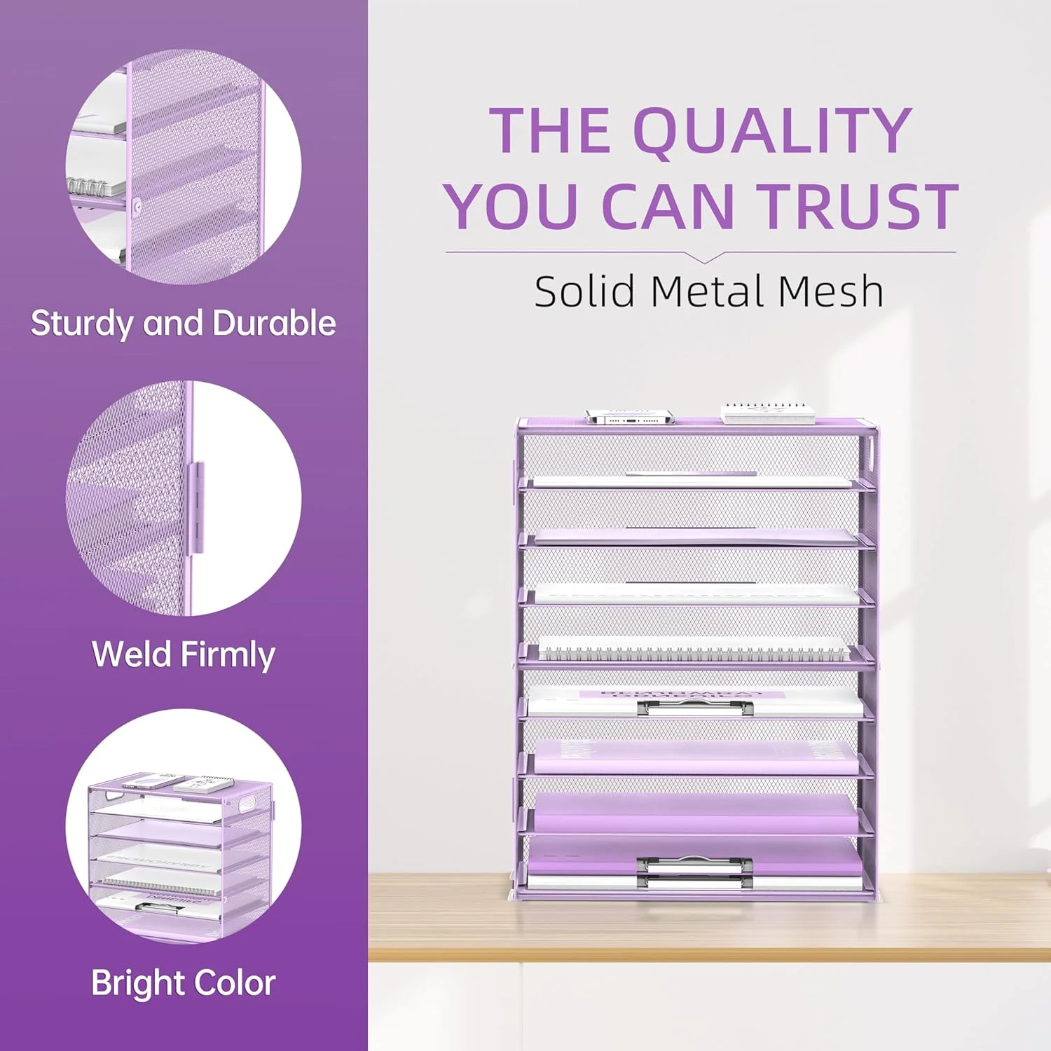 INTIGE 9-Tier Mesh Desktop Organizer with Handles, File Holder Organization, Purple, 1 Piece