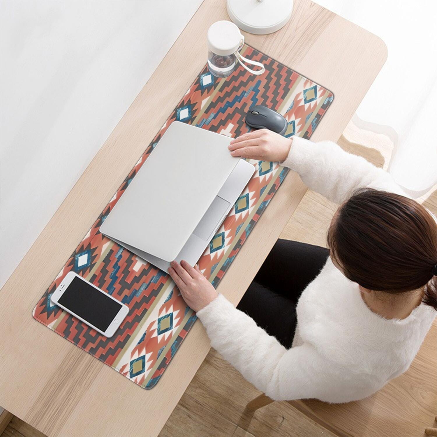 Long Mouse Pads for Desk,Boho Red Southwestern Ethnic Pattern Desk Mats on Top Of Desks, Desk Mouse Pad Extra Large with 3mm Non-Slip Base and Stitched Edge for Gaming,Office,Work,Home 31.5"x11.8"