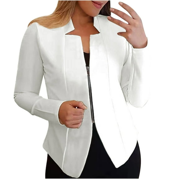 ABATAB Long Sleeve Blazers for Women Lightweight Casual Zip up Business Suit Jackets Fashion Slim Fit Work Office Outerwear(X-Large,White)