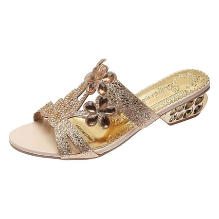 

PMUYBHF Female Wedge Sandals for Women with Bow Rhinestone High Heel Slippers for Women Sexy Outerwear Thick Heel Mid Heel Flip Flops White 39