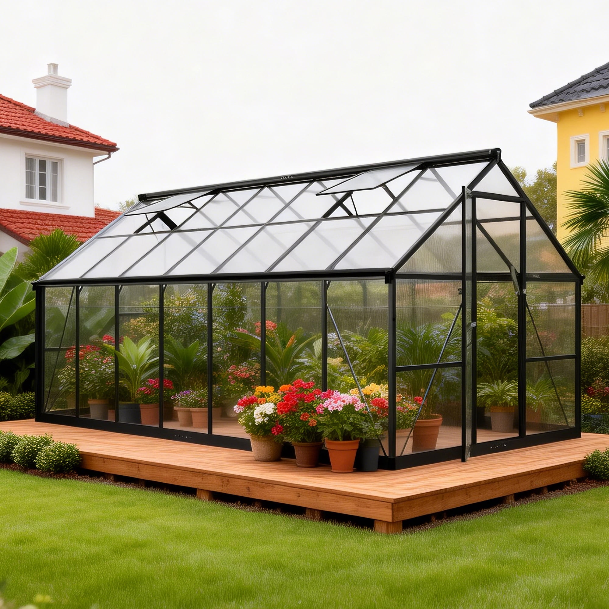 PABIMIA 8x14 FT Polycarbonate Outdoor Greenhouse, Aluminum Walk-in Greenhouse with Roof Vent, Black