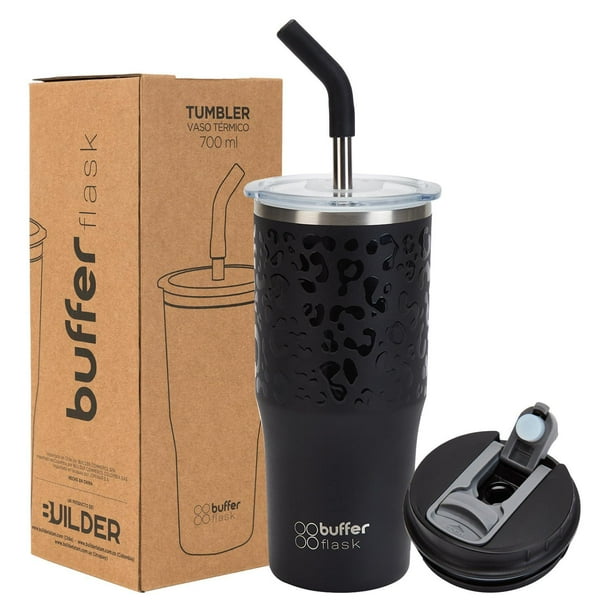 Vaso Térmico Buffer Flask Leopardo Negro Acero Inoxidable con Tapa Anti Derrame para Bebidas Frías y