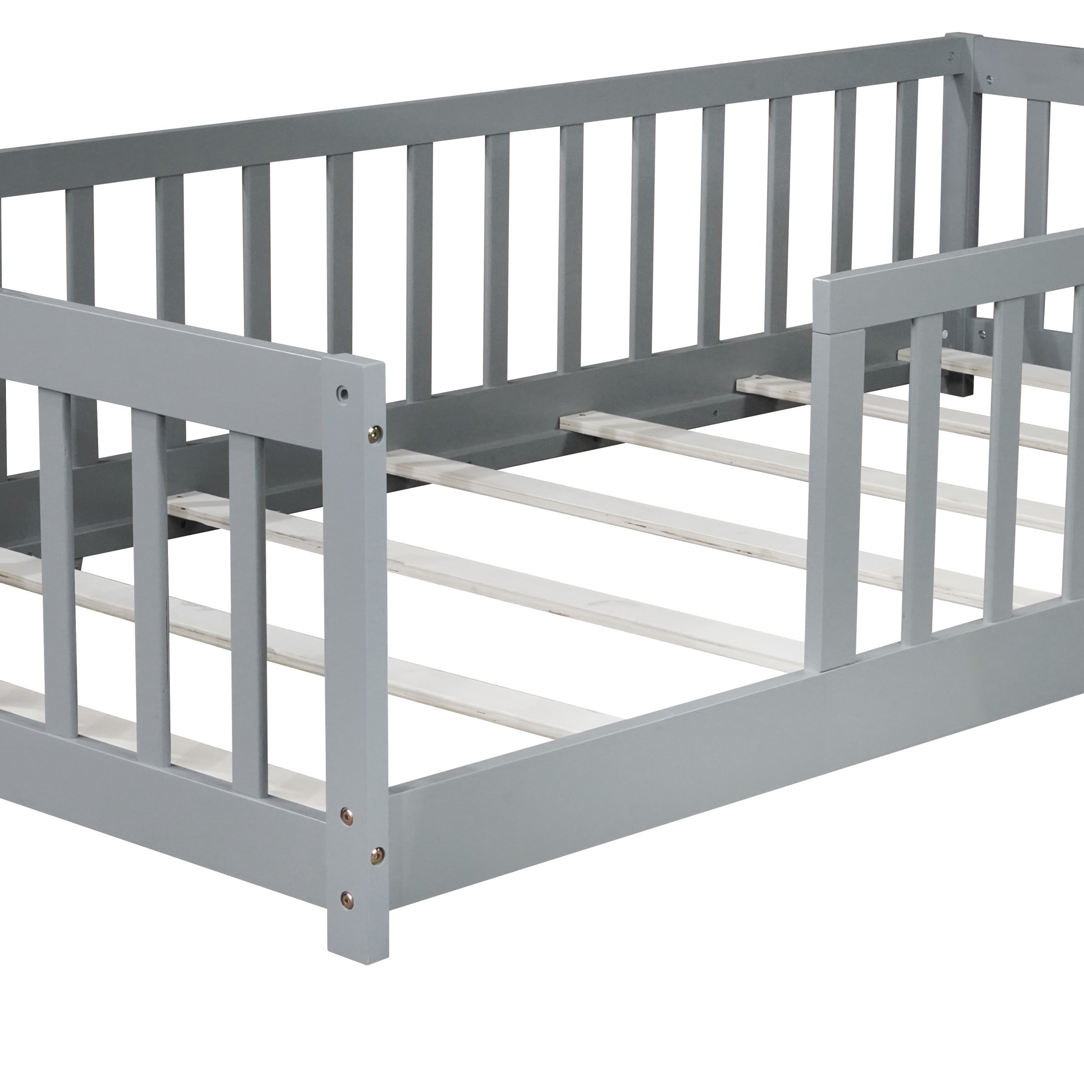 Noble House Nira Twin Size Floor Bed with High Fence, Sturdy Rubber Wood Montessori Bed, Kid's Room, Gray