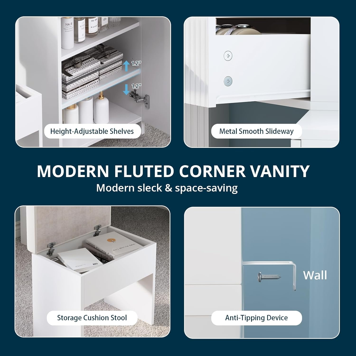 Fluted Makeup Vanity Desk with HD 3 Way Mirror and Lights, 51" Large Corner Vanity Table with Charging Station, Dressing Table with 4 Drawers & 2 Storage Cabinets for Bedroom, White