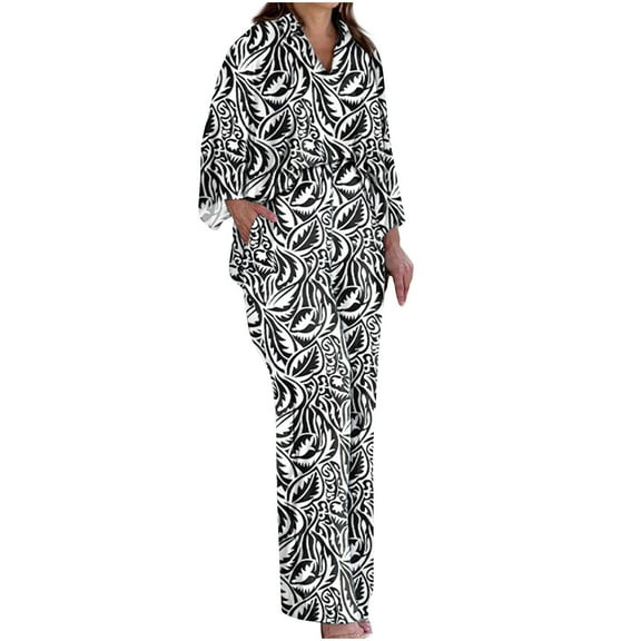 Plus Size Two Piece Sets for Women Long Sleeve Button Down Shirt and Wide Leg Pants Floral Print Loose Casual Suits (Black L)