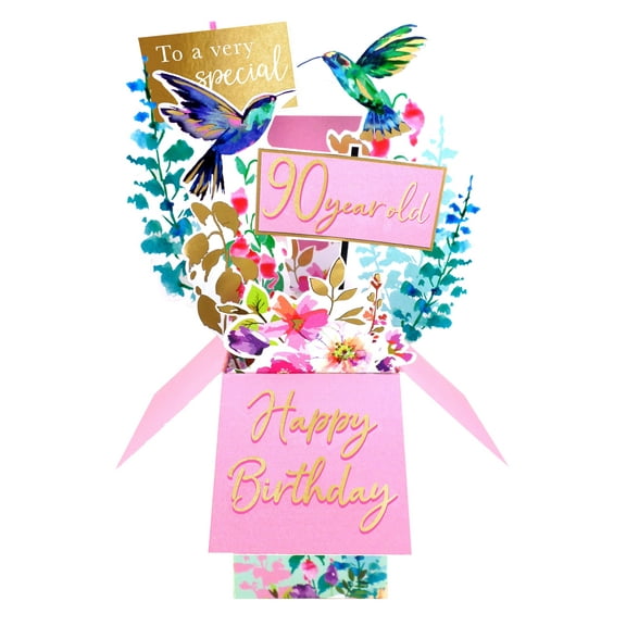 Clever Cube Pop Up Card - 90th Birthday - Hummingbirds
