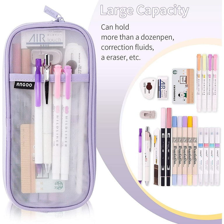 Elizabeth Stylish Grid Mesh Pencil Pen Case With Zipper Clear Makeup Color  Pouch & Transparent Cosmetics Bag For Kids & Teen Girls - Purple 