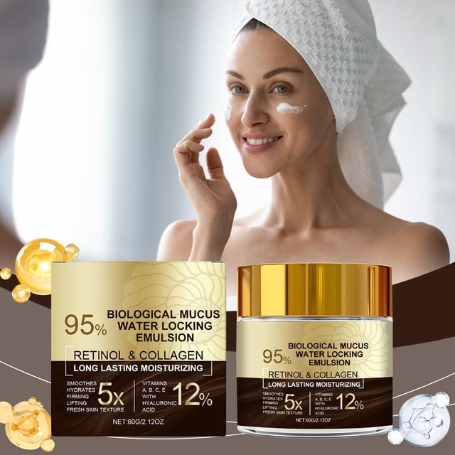 cremas y humectantes. crema hidratante de día y de noche. hidrata uniformemente, reafirma y tonifica. crema hidratante facial con colágeno. Vista frontal del envase blanco con tapa dorada y su caja etiquetada con colágeno y retinol; frasco redondo de 1 pc en primer plano, textura de crema blanca visible; al fondo, mujer con toalla aplicándose crema en la mejilla en un baño luminoso. Uso común: adecuada como base hidratante antes del protector solar.