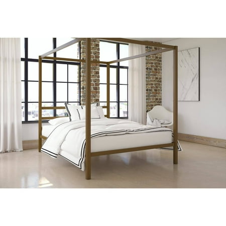 Metal Canopy Bed Frame Queen Size Modern Gold Finish Built In