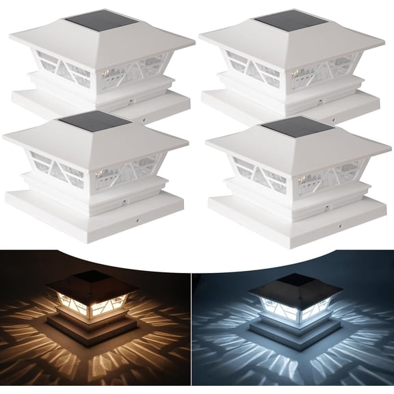 Dazzle Bright 4 Pack White Solar Outdoor Fence Post Lights, 2 Modes Post Cap Lights Waterproof Color Changing Warm White/Cool White for Yard, Garden, Porch, Patio Decor, for 4x4 5x5 6x6 Wood Posts