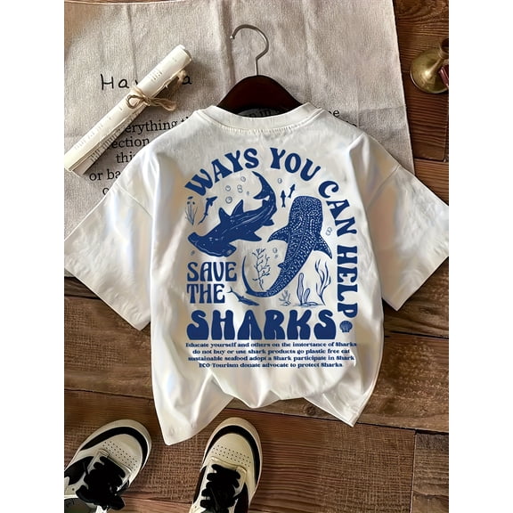 Women's Casual Round Neck T-Shirt with Shark Print, Polyester, Short Sleeve, Regular Fit, All-Season, Pullover Top, Fashion Tee for Ladies