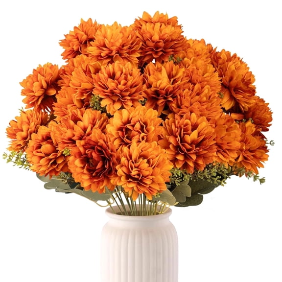 Scidweet Fake Fall Flowers, 4 Pcs 36 Heads Artificial Silk Chrysanthemums Flowers Fall Decorations for Home Autumn Indoor Table Wedding Decor, Orange