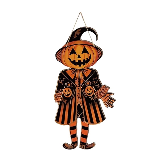 Shoreew Vintage Halloween Pumpkin Door Sign Spooky Felt Pumpkin Man Hanging Welcome Sign Retro Wall Door Hanger for Farmhouse Home Decor