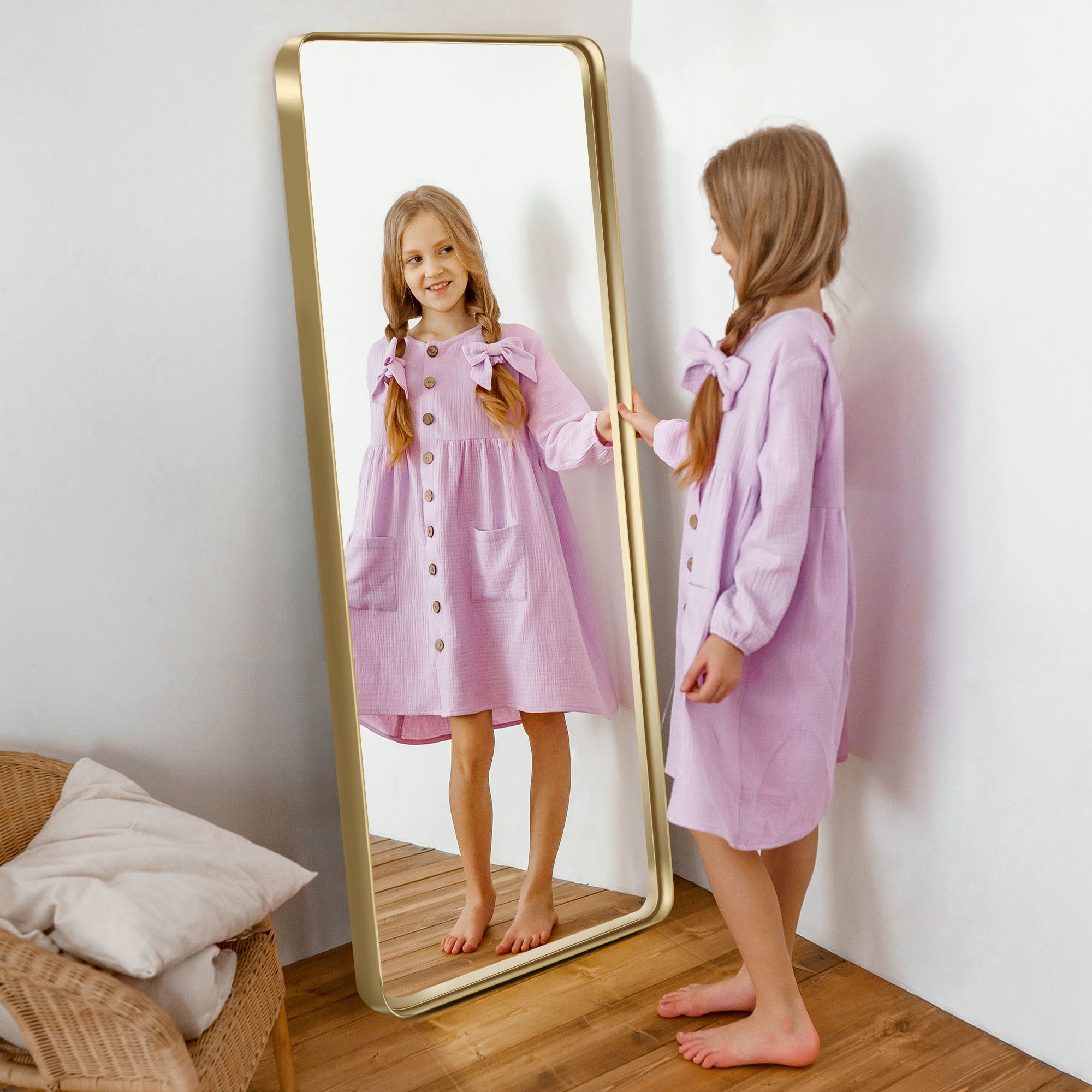 MAYEERTY 64"x21" Aluminum Alloy Wall Mount Rounded Corner Rectangular Mirror,Gold no stand