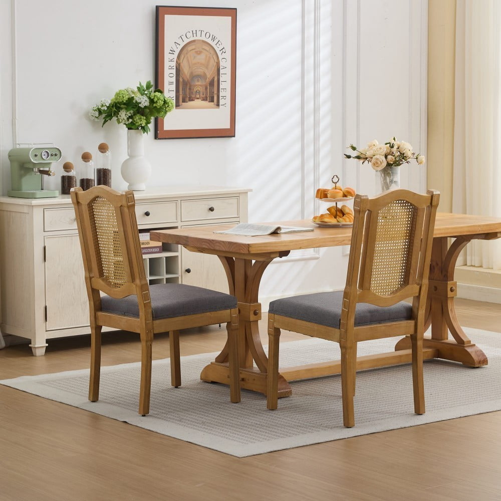 Rattan Dining Chairs Set of 2, Solid Wood Kitchen Chairs with High Rattan Backrest, Matte Linen Cushion, Foam & S-Springs, Gray