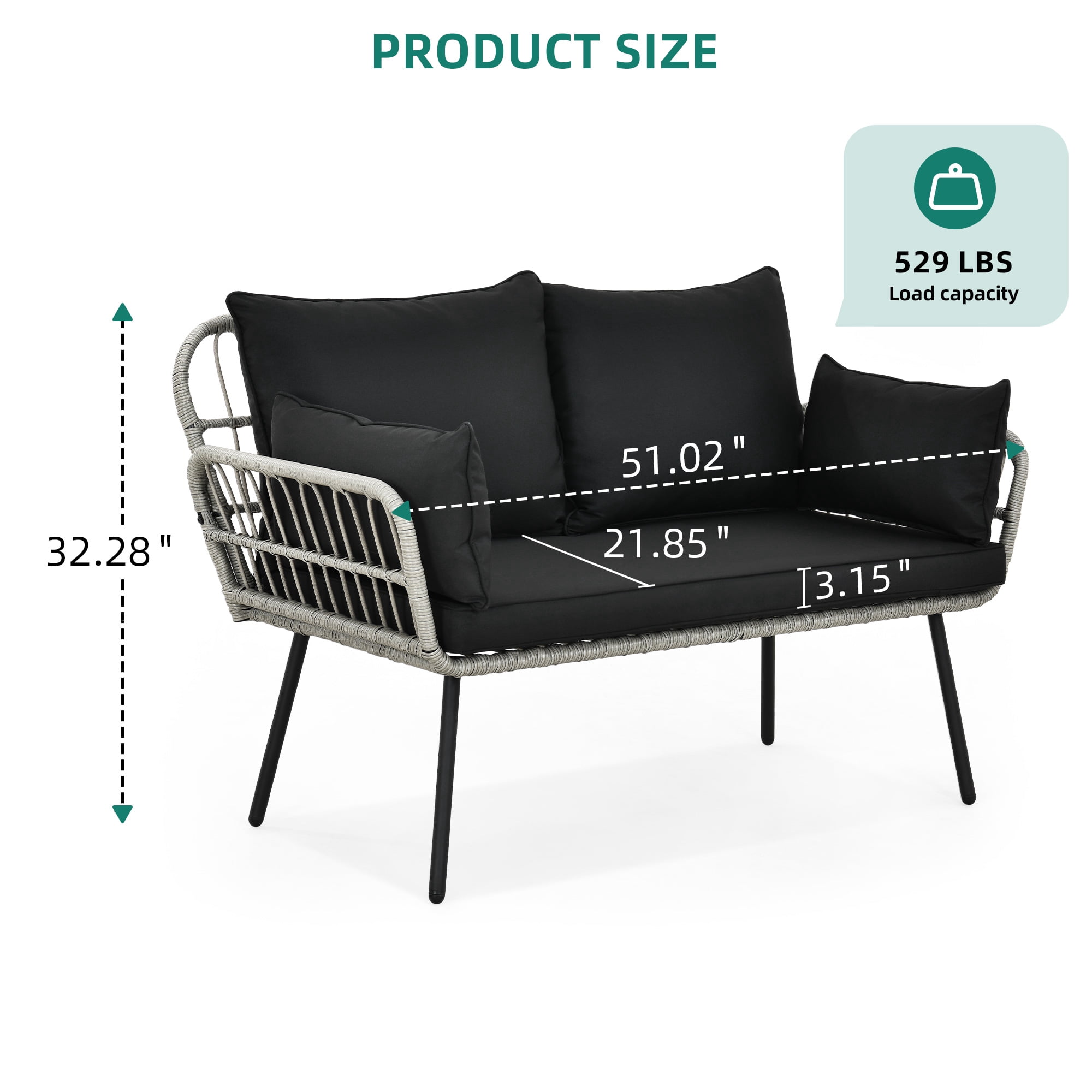 DEXTRUS Patio Loveseat Sofa, All-Weather Wicker Rattan 2 Seater Sofa with Black Cushions & Lumbar Pillows, Outdoor Patio Furniture Set