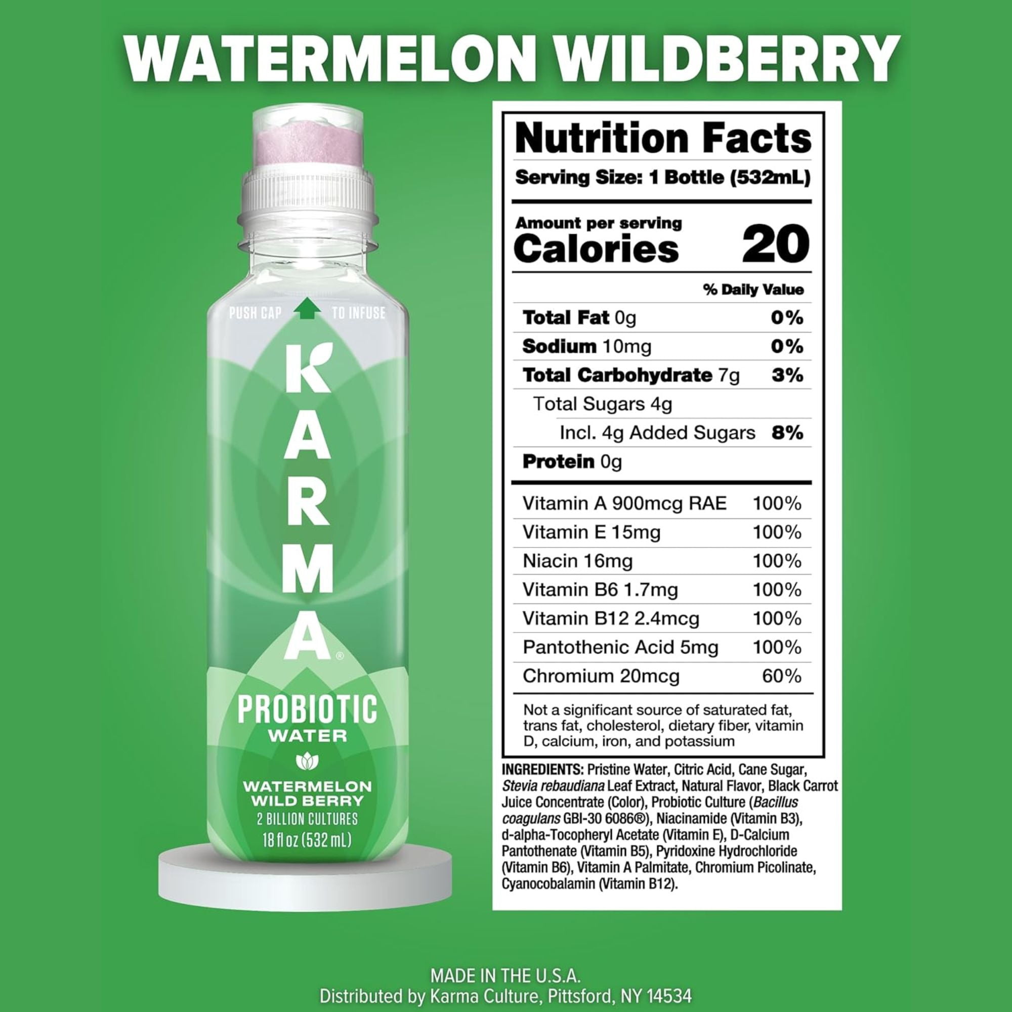 Karma Probiotic Water 12‑Bottle Variety Pack – 4 Flavors – Push‑Cap Vitamins, 2 Billion Cultures, 18 fl oz Bottles