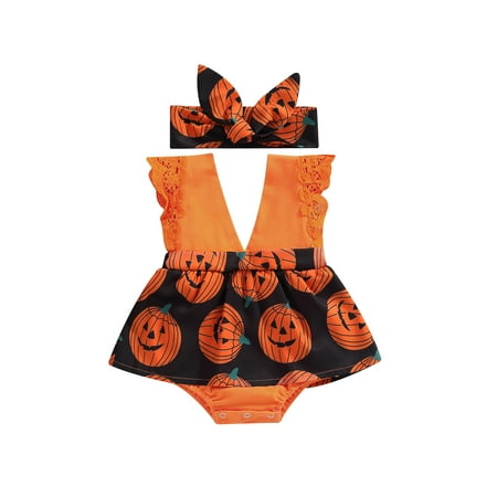 

Jkerther Baby Girl Halloween Clothes Newborn Infant Pumpkin Tutu Dress Fly Sleeve V-Neck Romper Bodysuits with Headband