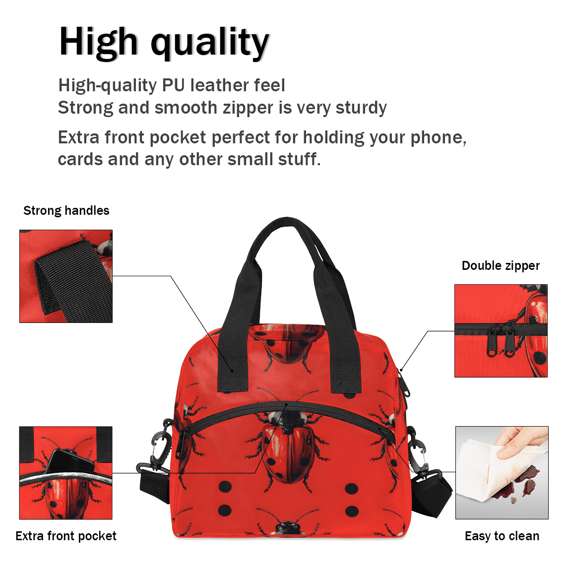 Herdesigns Animal Insulated Lunch Bag for Women Men Adults Large Reusable Lunch Box Cute Ladybugs Leakproof Cooler Tote Bags with Adjustable Shoulder Strap