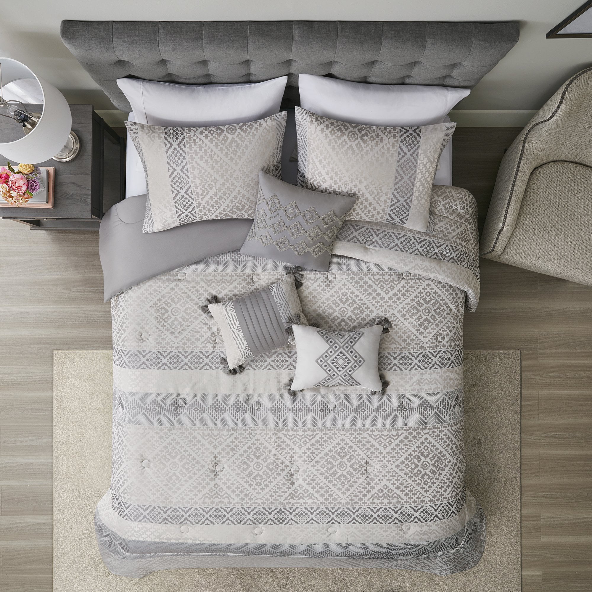 Mainstays 7 Piece Diamond Comforter Set, Shams, Dec Pillows, Bed Skirt, Grey, Full/Queen
