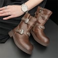thumbnail image 1 of NOKIO Vintage-Style Cowboy Boots for Girls, Mid-Calf Riding Booties with Rustic Buckle Acents & Easy Side Zipper Closure, Durable Winter Footwear, 1 of 6