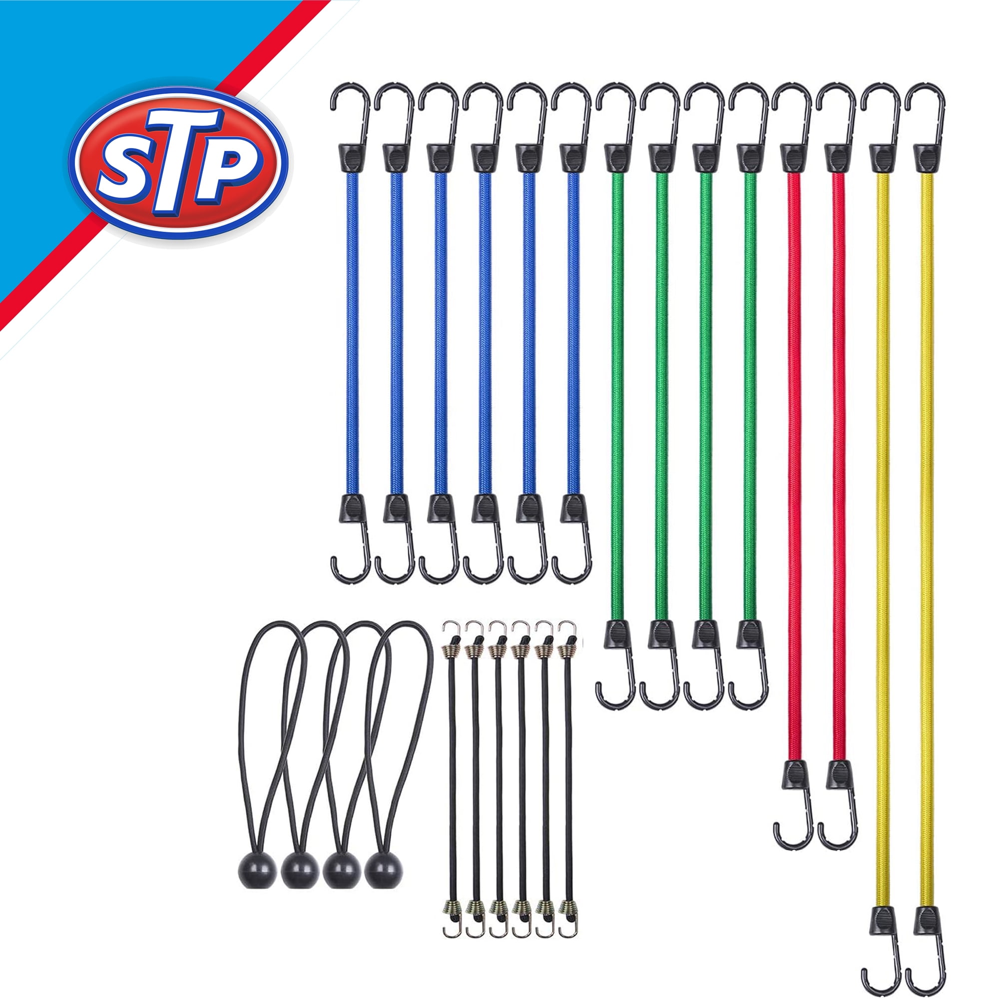 STP 24-Piece Heavy-Duty Bungee Cord Assortment with Durable Hooks, UV-Resistant Tie-Down Straps for Cargo, Canopy, Garage, and Outdoor Use
