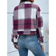 thumbnail image 2 of SEARIPE Women's Cropped Plaid Shacket Jacket Button Down Long Sleeve Flannel Shirt Jacket Coat Burgundy M, 2 of 7