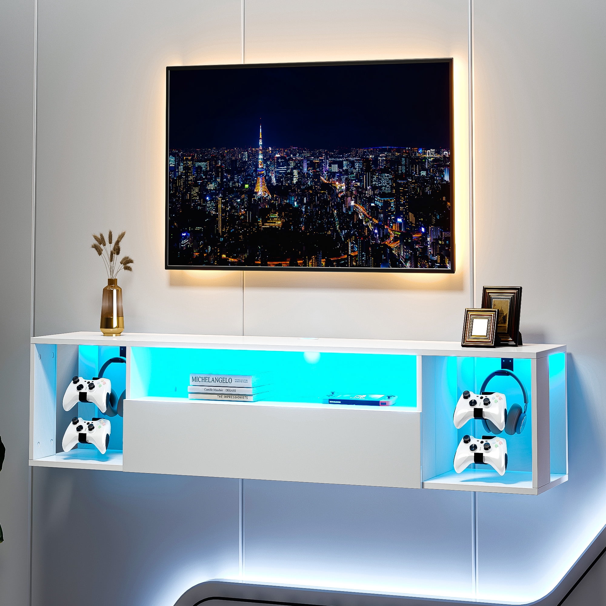 SogesPower East Install Television Stand with Storage, Wood White, 55.10 x 11.80 x 11.80 Inches,White