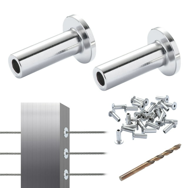 VEVOR 121 Pack T316 Stainless Steel Protector Sleeves for 1/8" Wire Rope Cable Railing, DIY Balustrade T316 Marine Grade, Come with A Free Drill Bit, Silver