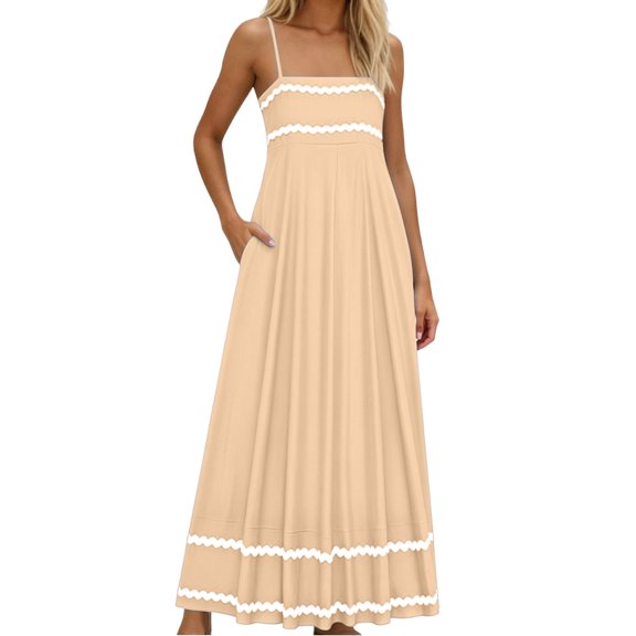 Bnwani A Line Dresses for Women,Womens Dresses Summer,Color Block,Ruffle,Sleeveless,Solid,Khaki,L