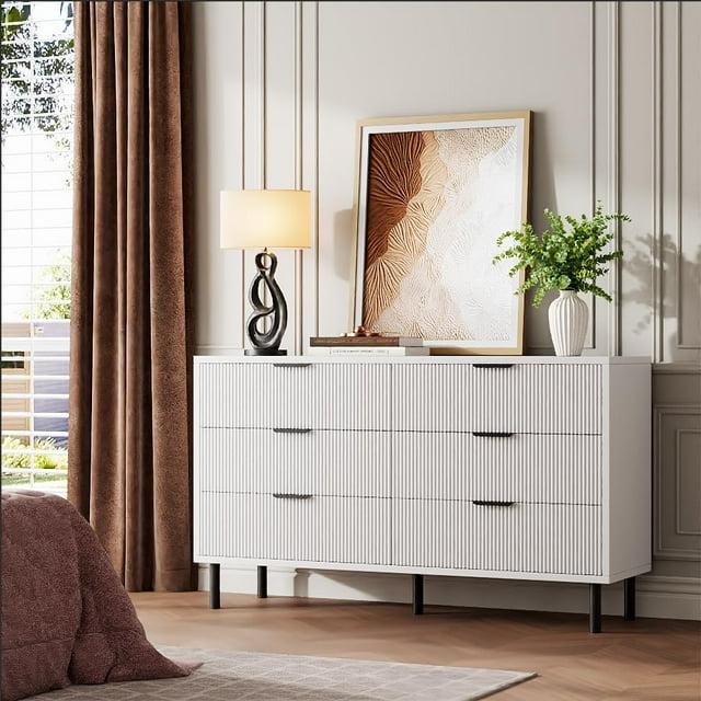 Yiwa Large Wood Nightstand, 6 Drawer Fluted Dresser, Bedroom & Entryway Storage