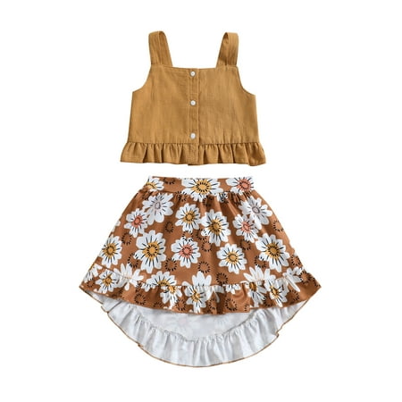 

aturustex 1-5 Years Toddler Girls Clothes Summer Outfit Sets Solid Color Button Sling Vest + Floral Skirt Sets 2Pcs