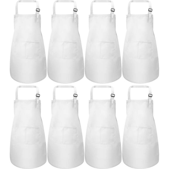 8 Pieces Kid Apron Adjustable Children Chef Apron with Pocket for Cooking Baking (White, M for 7-13 Age)