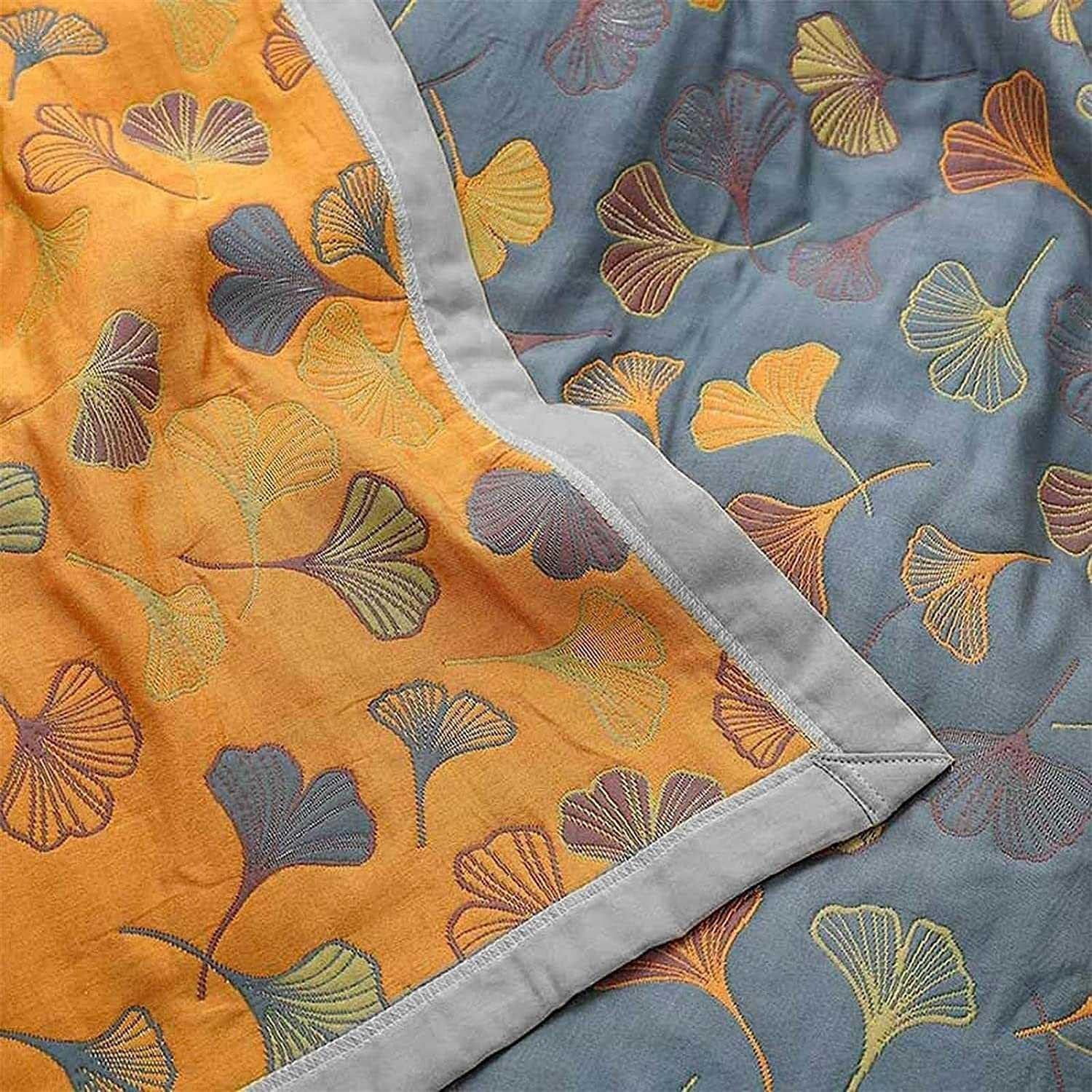 GinkgoLeaf Pattern Cotton Reversible Quilt - Ultra Soft Lightweight Breathable Ginkgo Leaf Pattern Quilt,Air Conditioning Quilt - Queen and King Size Bedding (90" W X 98" L)
