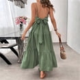 thumbnail image 4 of Qgtaibl Womens Layered Pleated Long Dress Crew Neck Spaghetti Strap Backless Maxi Dress Dressy High Waist Bow Tunic Dress Summer Solid Color Flowy Sundress Green M, 4 of 9