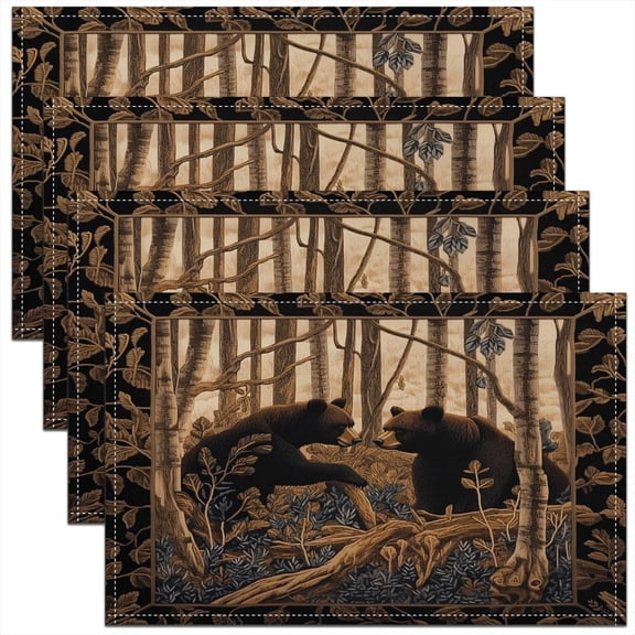 Kids Rustic Cabin Bear Table Place Mats,Black Bear Placemats Set of 4 18"x12" Country Lodge Rustic Farmhouse Placemat for Kitchen Dining Table Decor Indoor Outdoor,Wild Animals Hunt