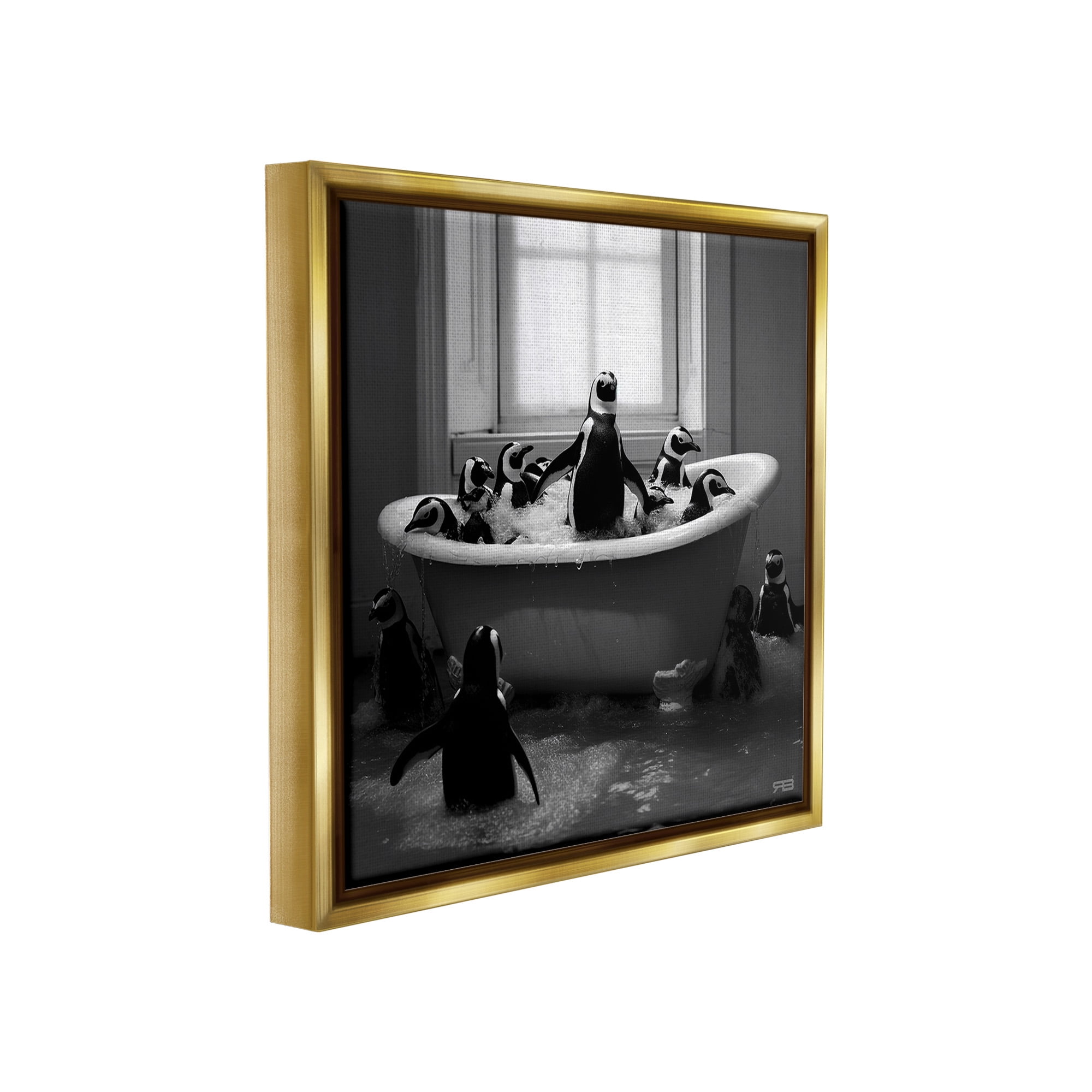 Stupell Industries Penguin Flock in Tub Animals & Insects Painting Gold Floater Framed Canvas Art Print Wall Art, 25 x 25
