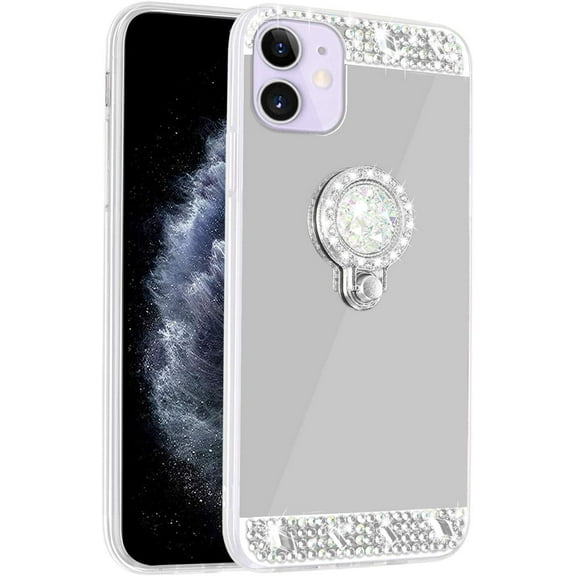 Mignvoa New iPhone Mini 5.4" Diamond Glitter Case Mirror Makeup Cute for Girls Women Protective Cover Bling Crystal Rhinestone Ring Holder Finger Grip Kickstand for Apple iPhone 5.4 inch 2020(Silver)