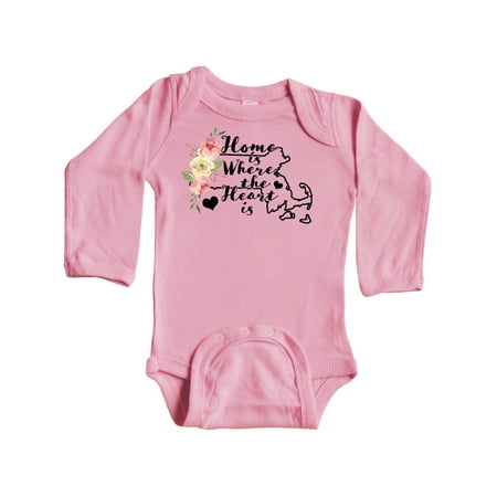 

Inktastic Massachusetts Home is Where The Heart is with Watercolor Floral Gift Baby Girl Long Sleeve Bodysuit