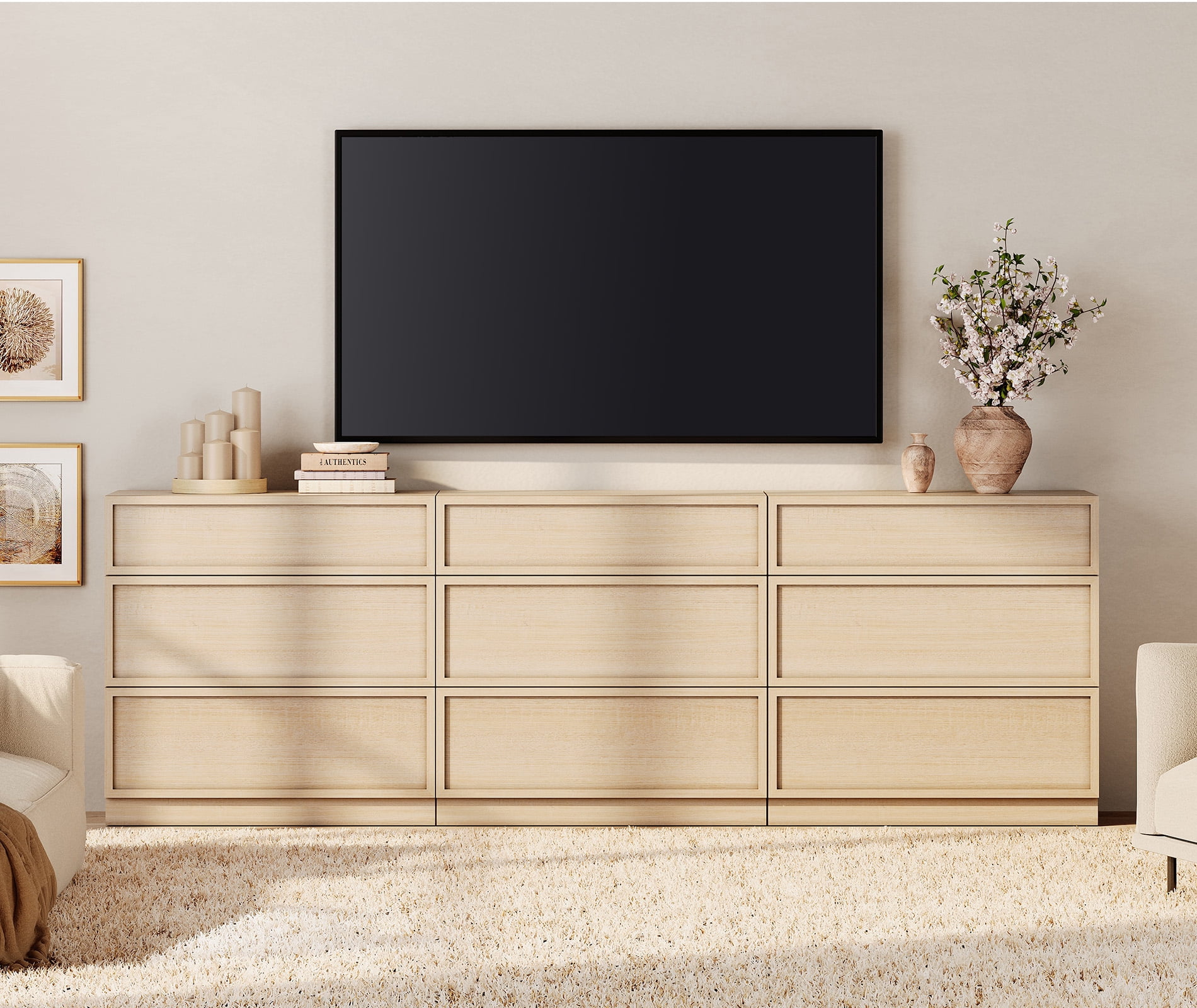 WAMPAT Modern TV Stand for TVs Up to 110", 4-in-1 Entertainment Center TV Console with 8 Doors and Adjustable Shelf, Wooden Media Console Cabinet for Living Room, Bedroom, Beige