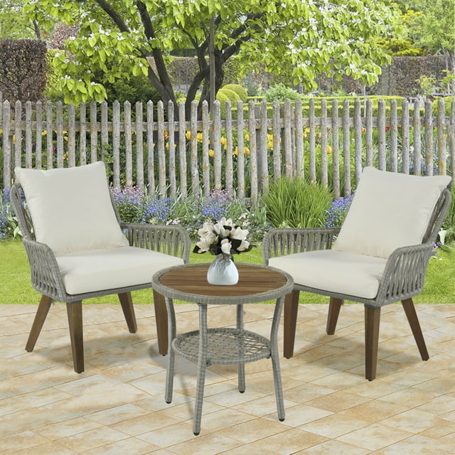 Lightweight Patio Bistro Set, 3 Piece Outdoor Bistro Table & Chairs Set, Woven-Rope Conversation Set with Wood Tabletop and Cushions for Garden Balcony Yard, Gray Rope+Beige Fabric, T161