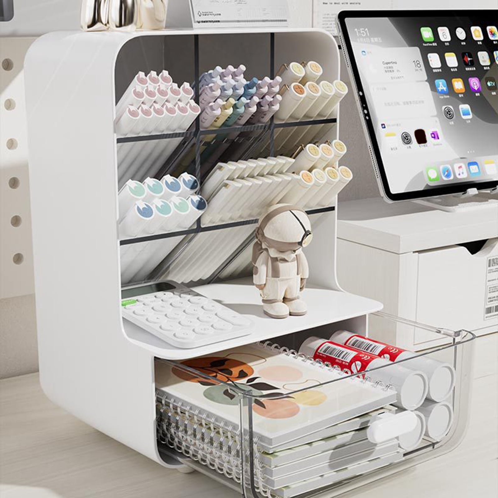 Naierhg Slant Pen Holder Desk Stationery Storage Box with Transparent Drawer Large Capacity Dust-Proof Storage Rack Desk Organizer