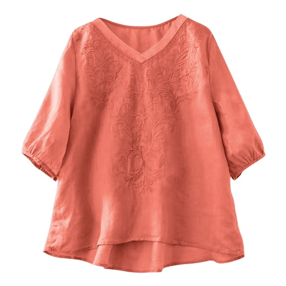Kukoosong Women's Vintage Embroidered T-Shirts Solid Color Elbow-Length V-Neck Linen Pullover for Summer, Loose and Bohemian Tee Shirt for Women