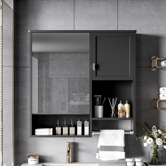 Bathroom Cabinet with Mirror – Black Bathroom Wall Storage Cabinet with Towel Bar, Adjustable Shelves, Over the Toilet Space Saver, 29" x 28"