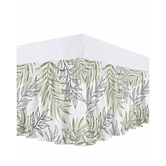 Abstract Art Sage Green Leaves Bed Skirt Watercolor Leaf Modern Style Bed Skirts Queen Size 16 Inch Drop, Wrap Around Dust Ruffle Bedskirt with Adjustable Elastic Belt for Queen Size Beds