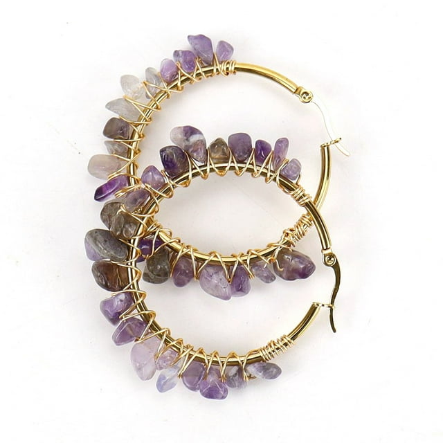 Nvzi Pendientes de piedra natural personalizados, pendientes de aro grande dorados con aros de cristal de piedra natural con cordón (morado)