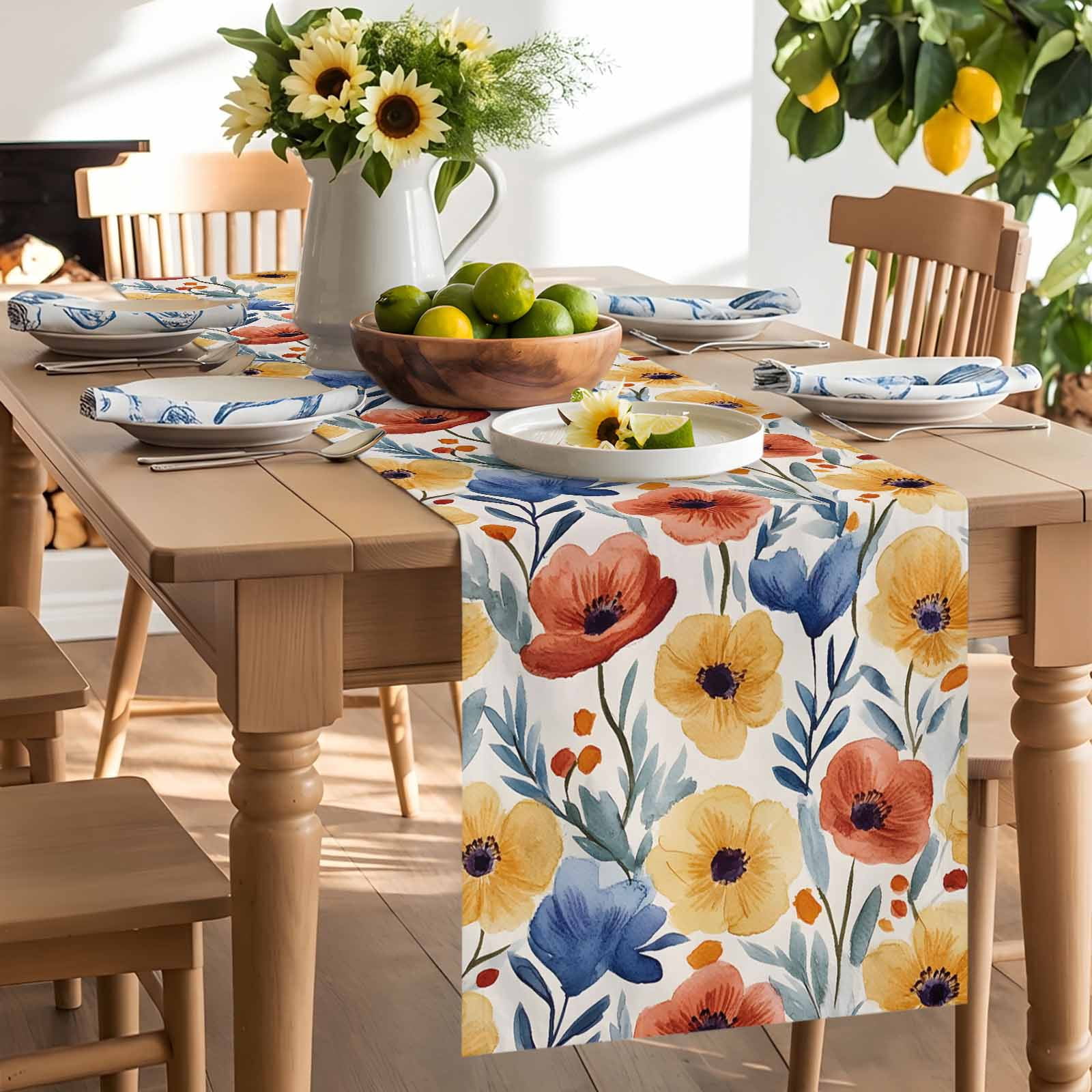Red Poppy Flower Spring Blossom Floral Table Runner 90 Inches Long, Garden Plant Seamless Table Runners Tabletop Scarf Kitchen Dining Tables Decoration for Home Party Indoor Outdoor