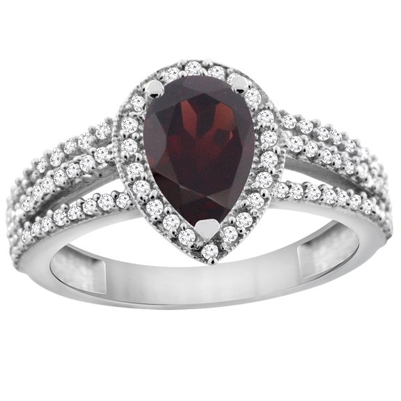 14K White Gold Natural Garnet Ring 9x7 Pear Halo Diamond, size 9
