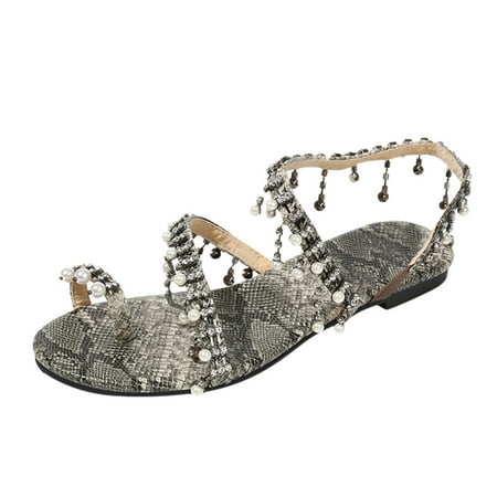 

Womens Snake Print Non-Slip Breathable Flat Beading Open Toe Shoe Light Sandals