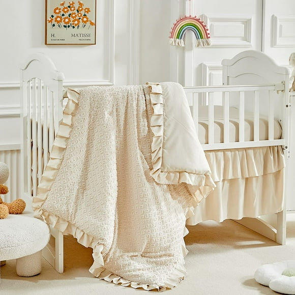 Set de ropa de cuna de 3 piezas Flysheep Beige con volante y acolchado